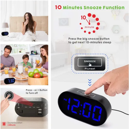 Miniatura 6 de Plumeet [Versión actualizada] Reloj despertador LED digital con atenuador de brillo ajustable y volumen de alarma, pantalla de dígitos azules de 12