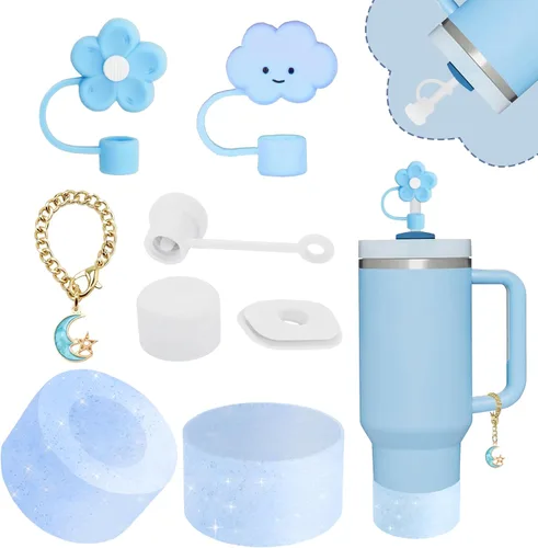 Miniatura 10 de Conjunto de accesorios para taza Stanley, incluye 2 piezas de cubierta de pajita de 0.4 pulgadas, 1 tapón antiderrame de silicona, 1 lindo encanto