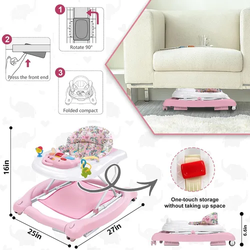 Miniatura 6 de Andador de actividades plegable 5 en 1 para bebé, balancín, centro de actividades, gorila, caminador de asiento, caminador de empuje, ruedas Rosa