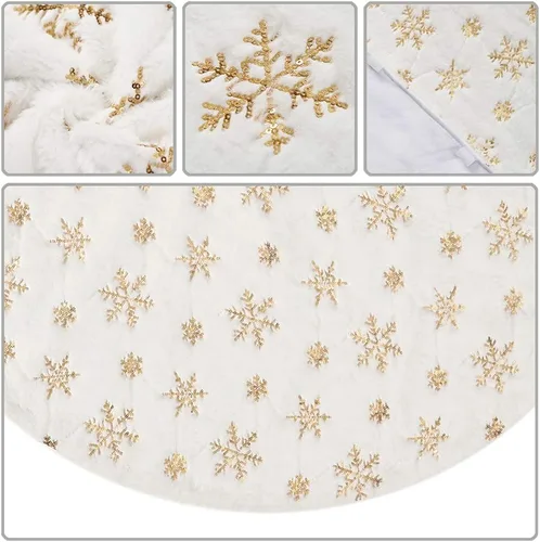 Miniatura 8 de Sattiyrch - Falda de árbol de Navidad con lentejuelas de 48 pulgadas, blanca suave y gruesa con decoraciones de copos de nieve dorados para árbol