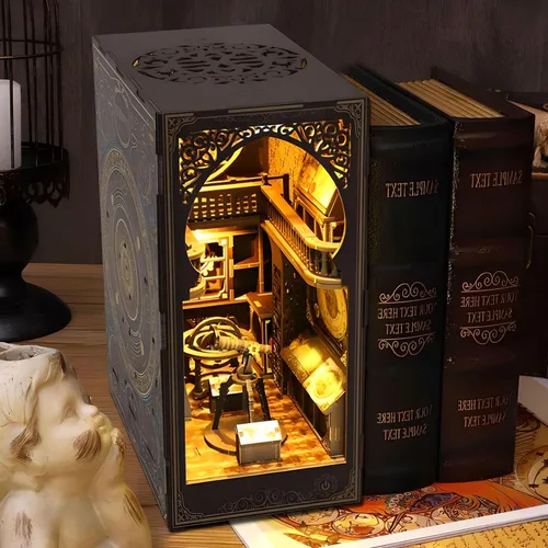Miniatura 2 de Kit de rincón de libros de bricolaje 3D rompecabezas de madera para adultos, kit de casa en miniatura de librería, estantería de libro, decoración