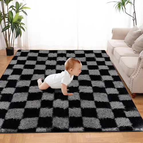 Miniatura 11 de Alfombra de área súper suave en blanco y negro, de 5 x 7 pies, alfombra clásica a cuadros de pelo alto mullida para dormitorio, sala de estar, Negro