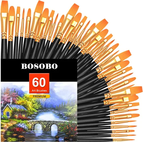 Miniatura 16 de BOSOBO Juego de 6 pinceles de pintura, 60 pinceles de punta redonda puntiaguda, pinceles de nailon para artistas del cabello acrílicos para aceite