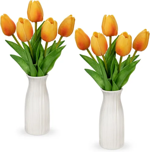 Miniatura 9 de Briful Paquete de 2 tulipanes artificiales de flores sintéticas con jarrón de cerámica, tulipanes morados de espuma de polietileno, arreglo floral