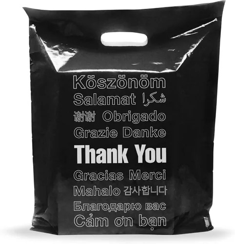 PPB - Bolsas negras de 12 x 15 pulgadas, diseño multiidioma, tamaño mediano, paquete de 100 unidades, 2 mil de grosor, con asas troqueladas