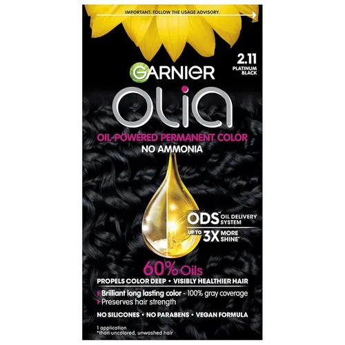 Garnier Color para el Cabello Olia Sin Amoníaco Color Brillante Rico en Aceite Tinte Permanente para el Cabello, 2.11 Negro Platino, 1 Unidad (El