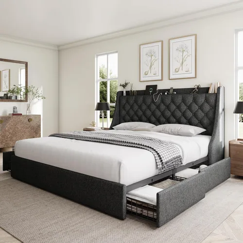Miniatura 14 de GalnFu Marco de cama de tamaño completo con 4 cajones de almacenamiento, cabecera tapizada grande tipo wingback, estación de carga rápida,
