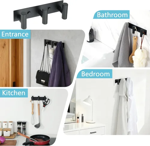 Miniatura 7 de Alise - Perchero negro para sombreros y abrigos con 3 ganchos para montaje en pared Self Adhesive or Wall Drilling,Wall Hooks for Hanging Robes