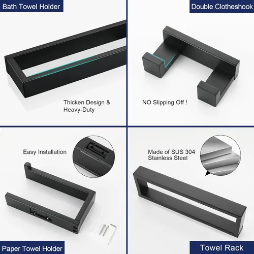 Miniatura 4 de Lairuier Juego de 4 piezas de barra de toallas de baño, juego de accesorios de baño en negro mate que incluye barra de toallas, soporte de toallas