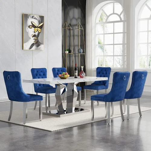 Miniatura 78 de Moderno juego de mesa de comedor de mármol sintético de 68.11 pulgadas para 6, mesa de comedor de mármol blanco y plateado con 6 sillas de Blanco