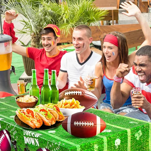 Miniatura 6 de Preboun Paquete de 2 manteles desechables para decoración de fiesta de fútbol, campos de fútbol, cubiertas de plástico para mesa de retorno
