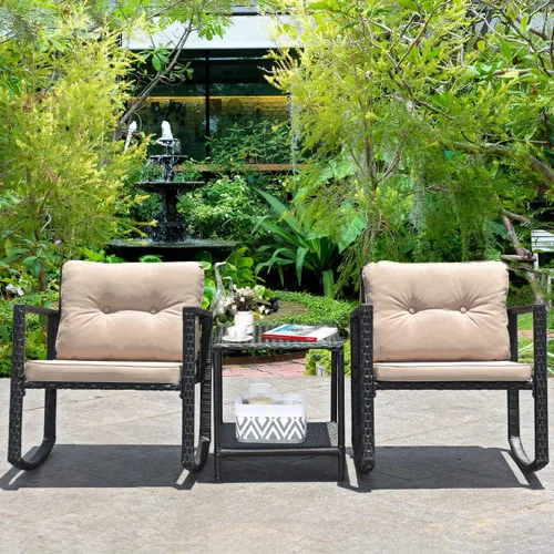 Miniatura 2 de Tangkula Juego de 3 mecedoras de mimbre para patio, mecedoras al aire libre y mesa con cojines, mesa de centro de cristal con estante de Beige