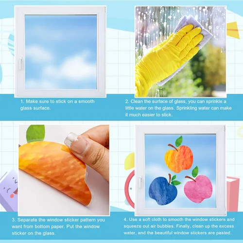 Miniatura 6 de Whaline 9 hojas coloridas de manzanas para ventana, calcomanías de doble cara para ventana de regreso a la escuela, manzanas de acuarela