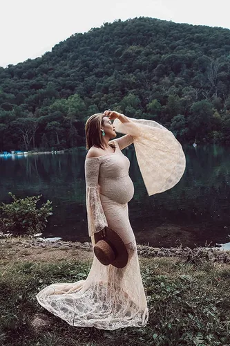 Miniatura 3 de Saslax Vestido de maternidad de encaje con hombros descubiertos para fotografía, maxi accesorios de maternidad, vestidos para sesión de fotos, baby