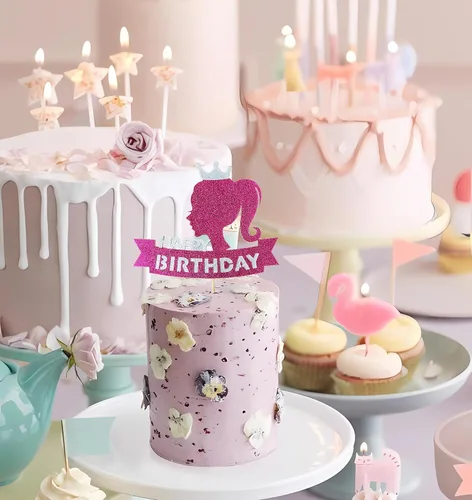 Miniatura 4 de 1 decoración para pastel de cumpleaños rosa intenso, decoración de pastel con temática de niña con purpurina, suministros de fiesta de cumpleaños