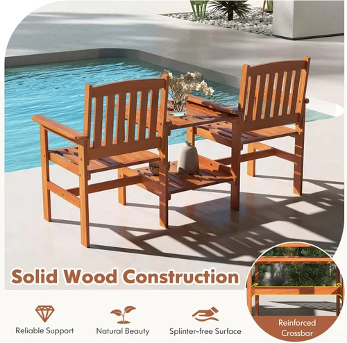Miniatura 4 de RELAX4LIFE Sofá de dos plazas para exteriores con mesa integrada, sillas de patio de madera con mesa central y agujero para paraguas, banco