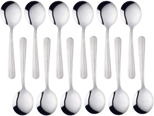 Juego de cubiertos de cuchara redonda de 12 piezas, cucharas redondas de 5.8 pulgadas, color plateado