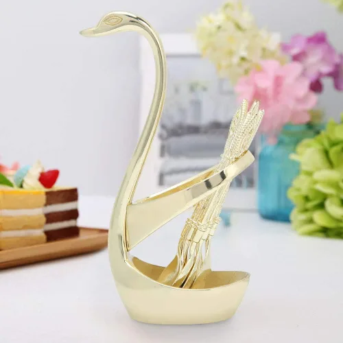 Miniatura 5 de Juego de cubiertos de cuchara de postre de acero inoxidable elegante para el hogar con soporte en forma de cisne (dorado)