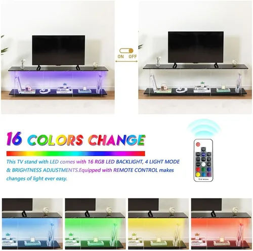 Miniatura 4 de Soporte de TV LED, mueble de consola de madera con patrón de mármol de imitación de escritorio y luces LED, centro de entretenimiento moderno