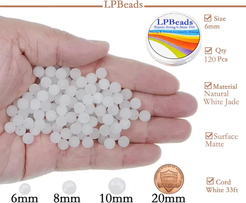 Miniatura 2 de Piedras preciosas redondas de jade blanco mate natural de 0.236 pulgadas esmeriladas, 120 cuentas sueltas a granel para hacer joyas y pulseras