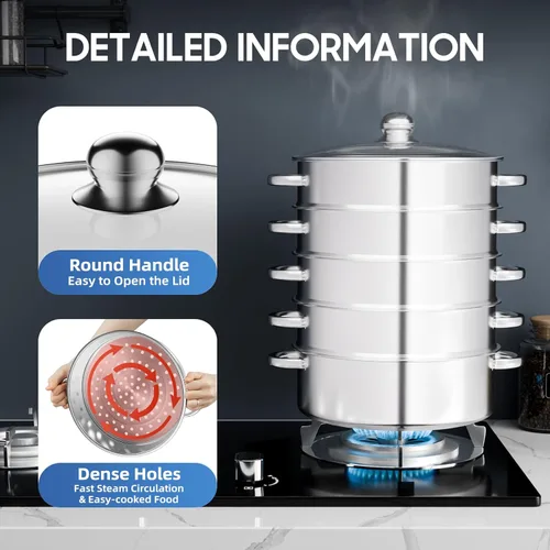 Miniatura 4 de Olla de vapor de acero inoxidable de 5 niveles para cocinar, olla de vapor multiusos de acero inoxidable de 11 pulgadas con asa y tapa, cesta