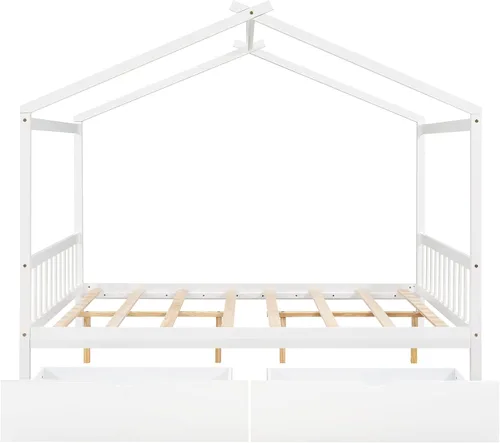 Miniatura 4 de P PURLOVE Cama de casa de tamaño matrimonial para niños, adolescentes, plataforma de almacenamiento de madera con cajones, cabecero y estribo, cama