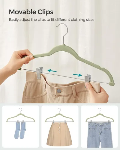 Miniatura 5 de SONGMICS Paquete de 30 perchas para pantalones y 50 perchas para ropa, perchas de terciopelo con clips ajustables, antideslizantes y ahorran
