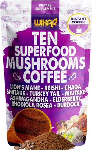 WIXAR Superfood - Café de hongos, café instantáneo en polvo, diez extractos de superalimentos con melena de león, cola de pavo, Reishi, Chaga,