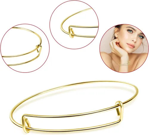 Miniatura 3 de UPINS 60 pulseras extensibles de alambre ajustable en blanco pulseras para mujeres DIY joyería fabricación, Metal Alambre de acero, Dorado