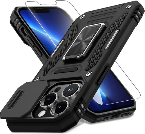 Miniatura 400 de DEERLAMN Funda para iPhone Xs Max con funda deslizante para cámara + protector de pantalla, soporte giratorio de anillo de grado militar a prueba