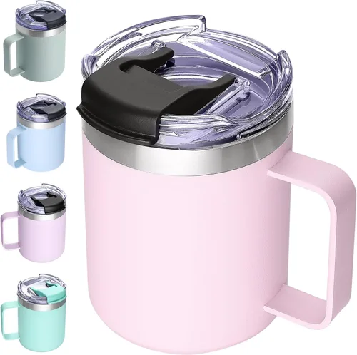 Miniatura 19 de Taza de café aislada de 12 onzas con asa, taza de café de viaje de acero inoxidable con tapa abatible, vaso de café de doble pared con aislamiento