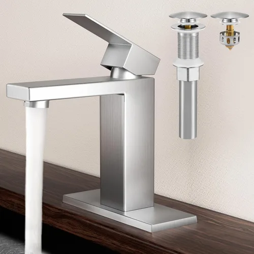 KES L3156ALFF12-BS-C2-PL - Grifos de baño para fregadero de un solo orificio o 3 agujeros, acero inoxidable, drenaje desplegable sin desbordamiento,
