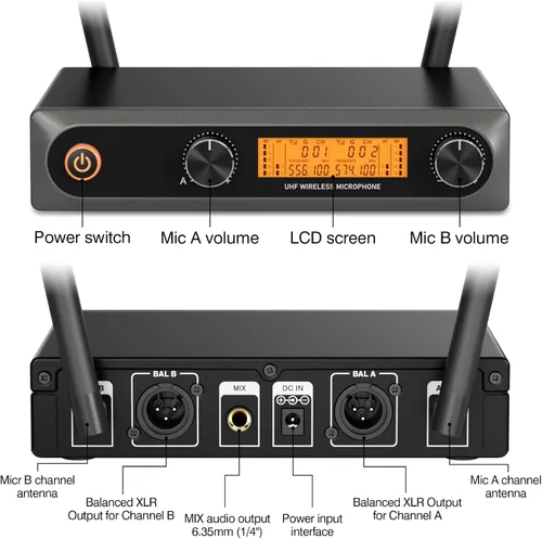 Miniatura 8 de Sistema de micrófono inalámbrico, micrófonos inalámbricos sin cable duales UHF de metal, micrófono de mano, juego de micrófono inalámbrico