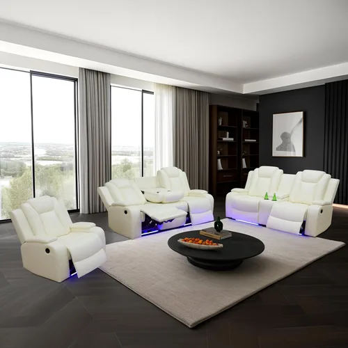 Miniatura 14 de Juego de sofá modular reclinable eléctrico con luz LED, juego de sofá modular reclinable de cuero, incluye sillón reclinable individual, juego