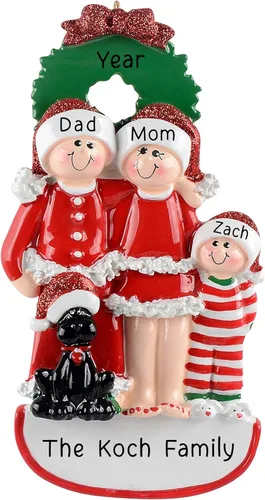 Adorno Personalizado de Familia de 3 con Perro 2025 | Personalización Gratuita en 24h | Adornos de Navidad para el Árbol | Recuerdo Negro de Mascota