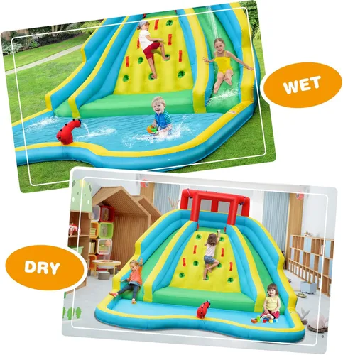Miniatura 8 de KOTEK Tobogán acuático inflable, parque acuático gigante inflable con piscina grande para salpicaduras, 2 toboganes, pared de escalada y manguera
