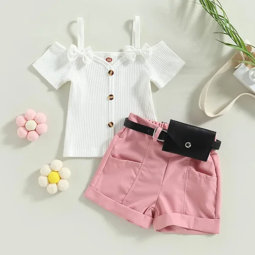 Miniatura 62 de TheFound Trajes de verano para niñas pequeñas, sin mangas, de punto acanalado, halter, pantalones cortos, ropa para recién nacidos, conjunto de 3