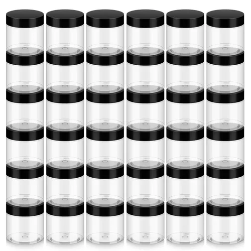 Loretoy Paquete de 36 tarros de plástico de 2 onzas con tapas, sin BPA, reutilizables, rellenables, recipientes de cosméticos transparentes para