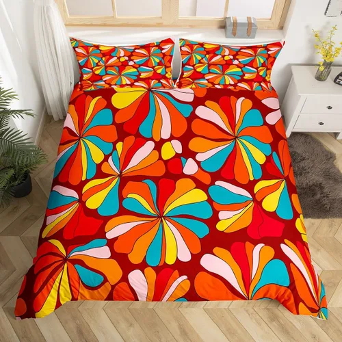 Juego de ropa de cama vintage bohemio con diseño floral de plantas de los años 60S y 70S, Groovy Rainbow para niños y adolescentes, funda de edredón
