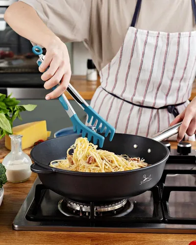 Miniatura 5 de Cuchara de silicona para espaguetis y pinza para pasta, mango de acero inoxidable antiadherente, juego de tenedores para pasta con dientes, clip Azul