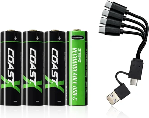 Baterías recargables Coast AA USB-C, ZITHION-X, iones de litio 1.5v 2400 mAh, larga duración, se cargan en menos de 2.5 horas, cable de carga