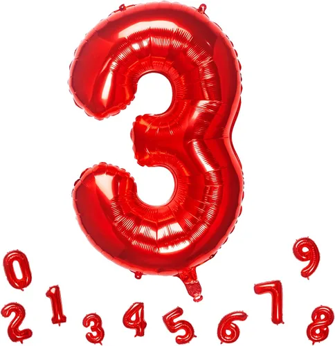 Globos rojos de 32 pulgadas con el número 3 de aluminio, suministros de decoración de fiesta de cumpleaños (globo rojo del número 3)