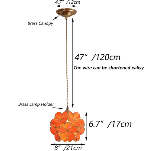 Miniatura 6 de Bieye L10749 - Lámpara colgante de techo de vidrio manchado estilo Tiffany con pantalla de 8 pulgadas de ancho (naranja, 8" flor de cerezo)