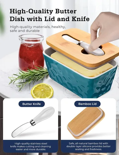 Miniatura 3 de Mantequillera con tapa: plato grande para mantequilla para encimera, recipiente de mantequilla de cerámica con cuchillo doble sello de silicona