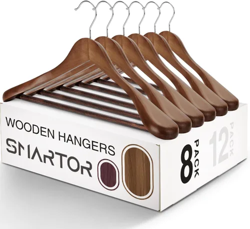 SMARTOR Perchas de madera para hombres paquete de 8 perchas de madera con hombro ancho con barra antideslizante para pantalones, colgador ancho para