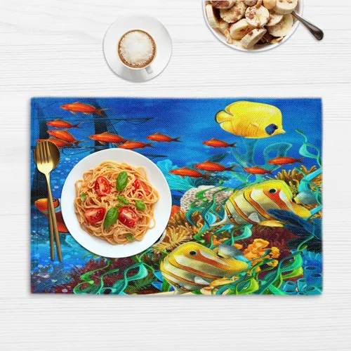Miniatura 6 de Juego de 4 manteles individuales con diseño de pez océano, lavables, impermeables, para decoración de mesa de comedor, 18 x 12 pulgadas
