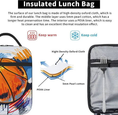Miniatura 6 de Lonchera de baloncesto con aislamiento térmico para niños, niñas, niños, lonchera Bento reutilizable para niños, mujeres y hombres, bolsa