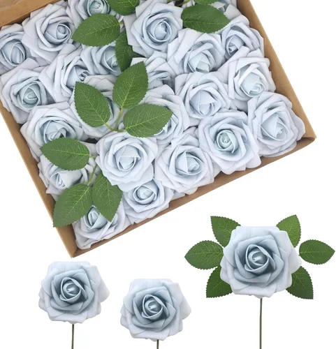 Miniatura 39 de Flores artificiales naranjas realistas, 50 rosas falsas de aspecto real con tallo para ramos de boda, centros de mesa, despedidas de soltera