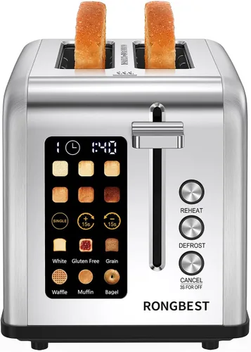 Miniatura 9 de Tostadora con pantalla táctil de 2 rebanadas de acero inoxidable con ranuras anchas para desayuno familiar, incluso tostado para bagels y pan, Negro