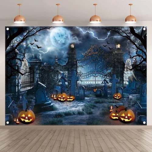 Miniatura 2 de Fondo de fotografía de cementerio embrujado de Halloween de 7 x 5 pies, farol de calabaza, espeluznante noche y luna, decoración de fiesta fantasma